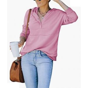 Pink Hooded Half Button Drop Shoulder Long Sleeve Pullover Sweatshirt